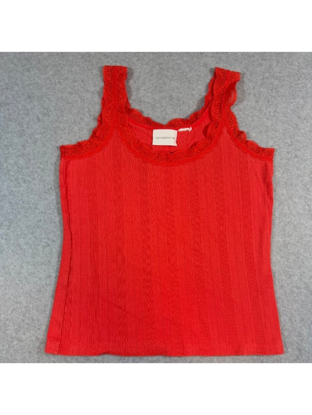 Liz Claiborne Women’s Medium Red Ribbed Lace Trim Tank Top Sleeveless Stretch